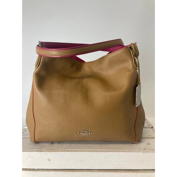 COACH 37721 LARGE BROWN PINK PEBBLED LEATHER SHOULDER BAG